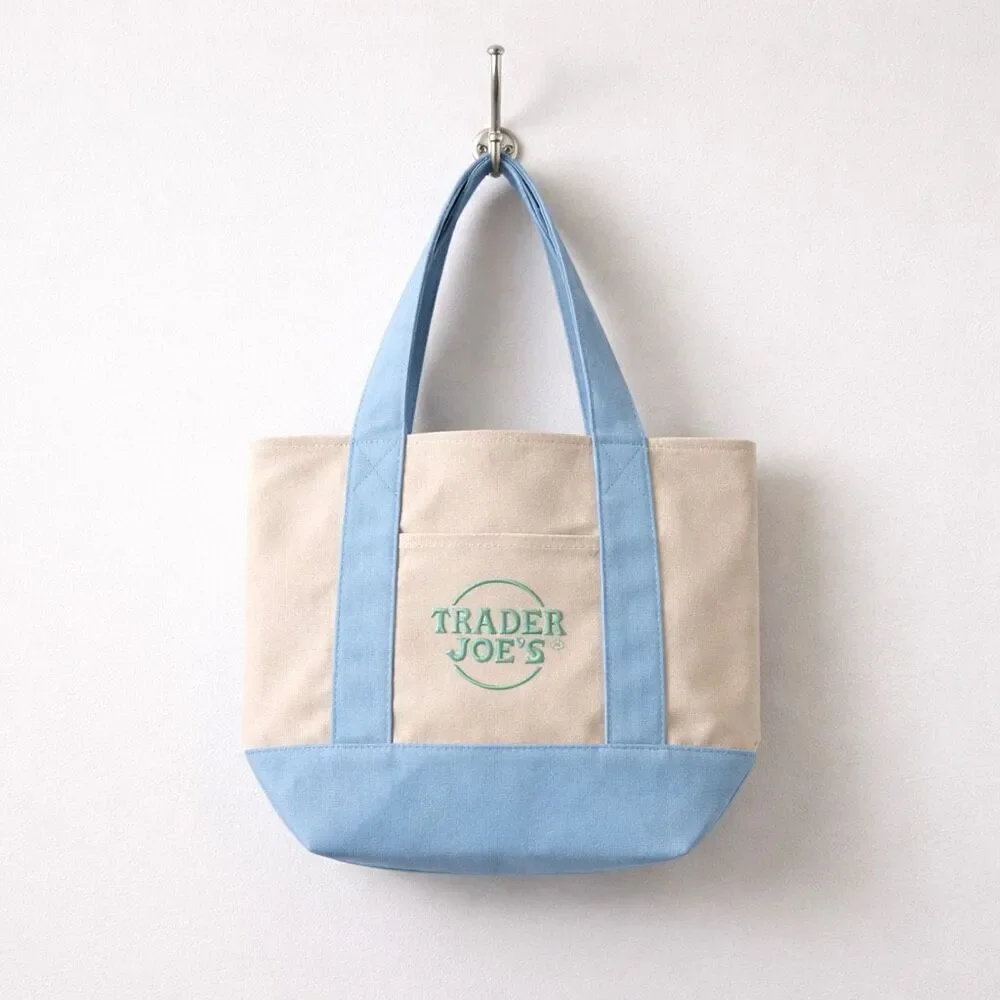 Trader Joe’s Limited Edition Mini Canvas Tote Blue Embroidered Bag, New